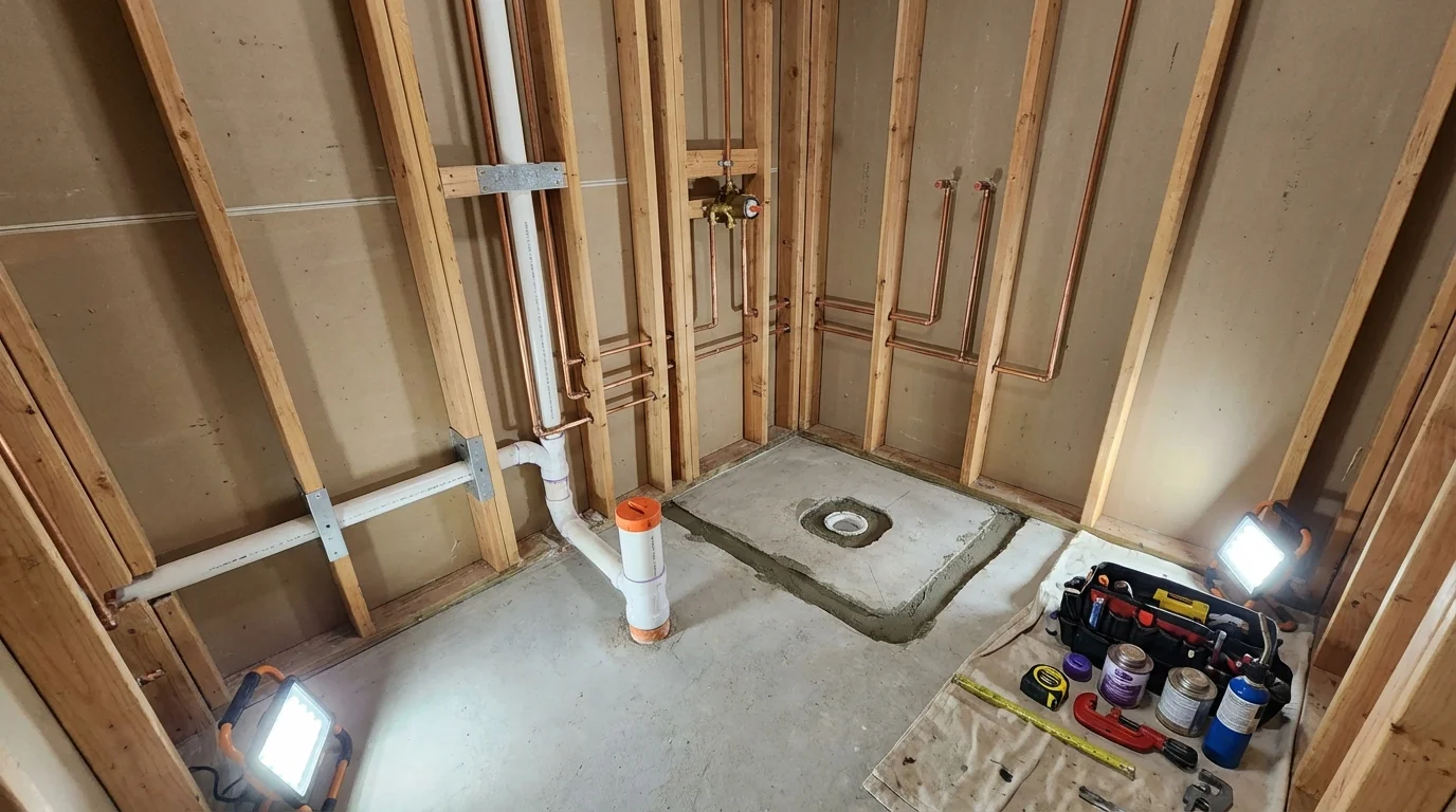 Bathroom rough-in plumbing during remodel by Johns Plumbing LLC in Hughes