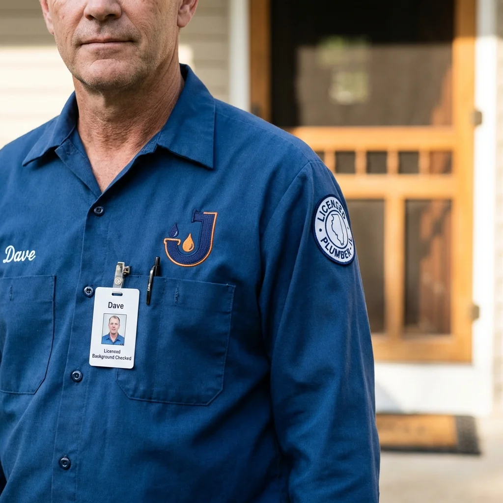 Licensed plumber showing ID badge in Hughes, AR