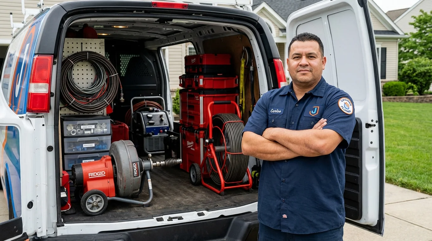 Professional drain cleaning equipment and Johns Plumbing LLC plumber in Hughes