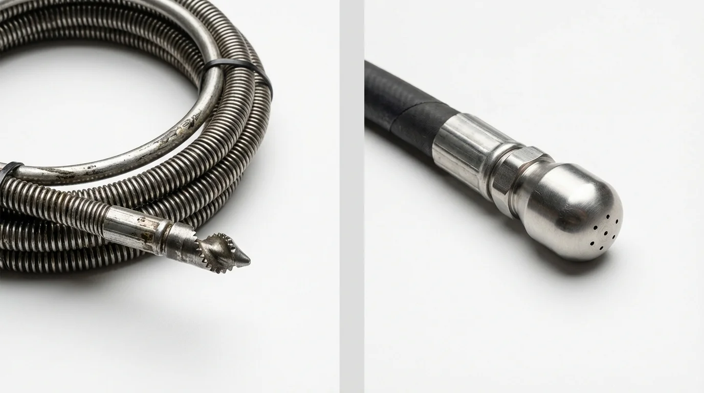 Drain snake cable and hydro jetting nozzle used for drain cleaning in Hughes, AR