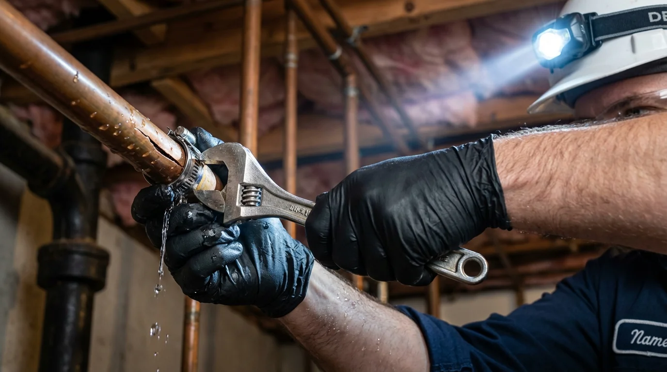 Emergency pipe clamp repair being performed by a Johns Plumbing LLC plumber in Hughes