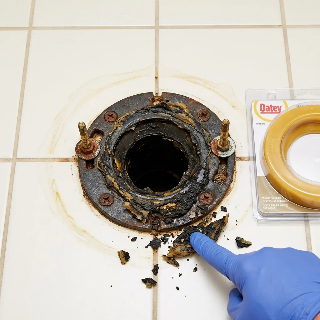 Failed wax ring showing water seepage at the base of a toilet in a Hughes, AR home