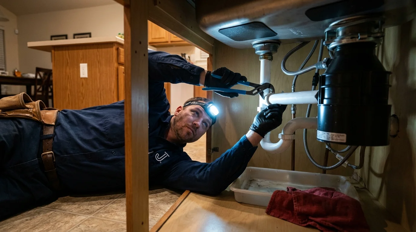 P-trap and supply line connections under a kitchen sink showing a common leak point in Hughes, AR